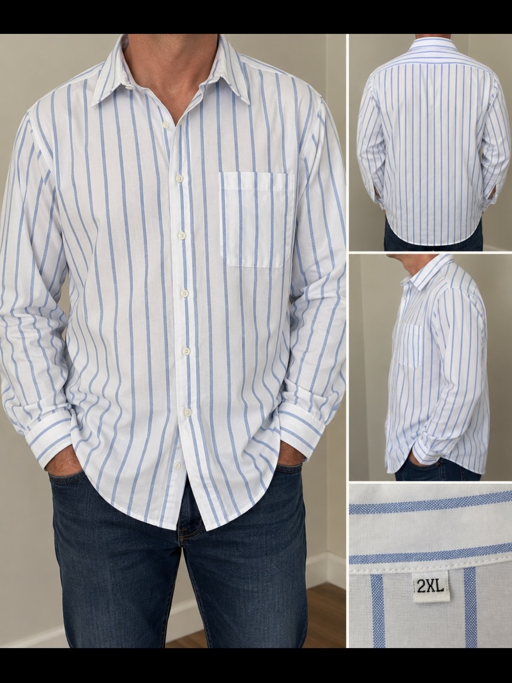 Men’s 2XL White Blue Stripe Button Down Shirt Long Sleeve Cotton Blend